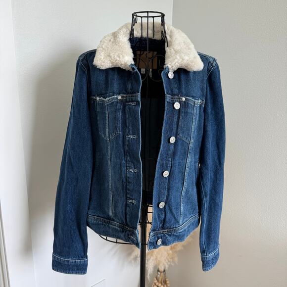 Paige Rowan Jacket Shearling Collar Dark Denim Jacket Jamee Distressed -Small - Picture 1 of 13